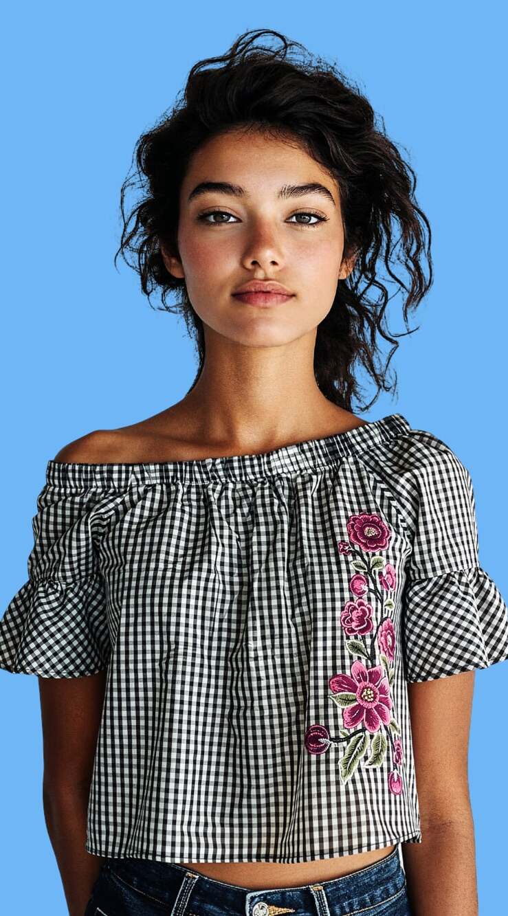 Iris Basic Black and White Gingham Off-the-Shoulder Floral Embroidered Top 1XL